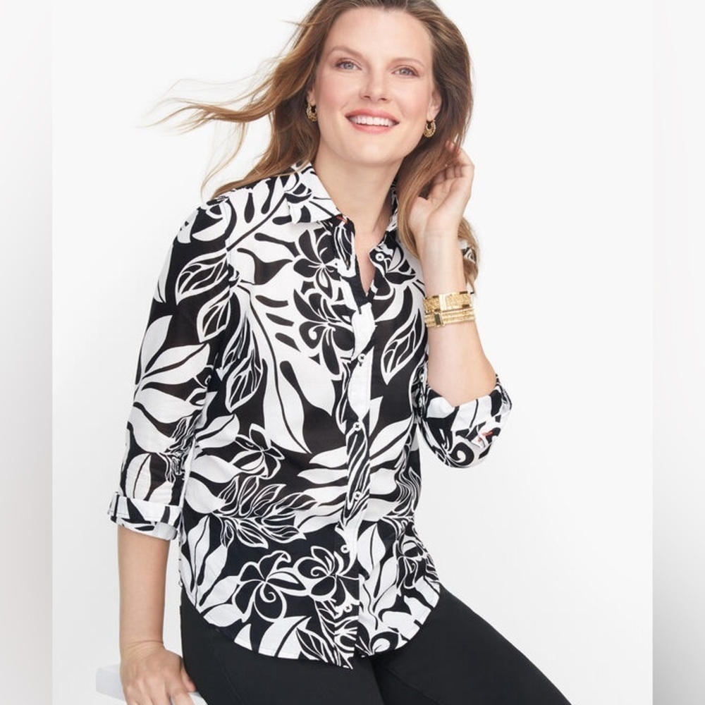 Talbots Classic Cotton Button Up Shirt in Black White Abstract Hibiscus sz 2 XS